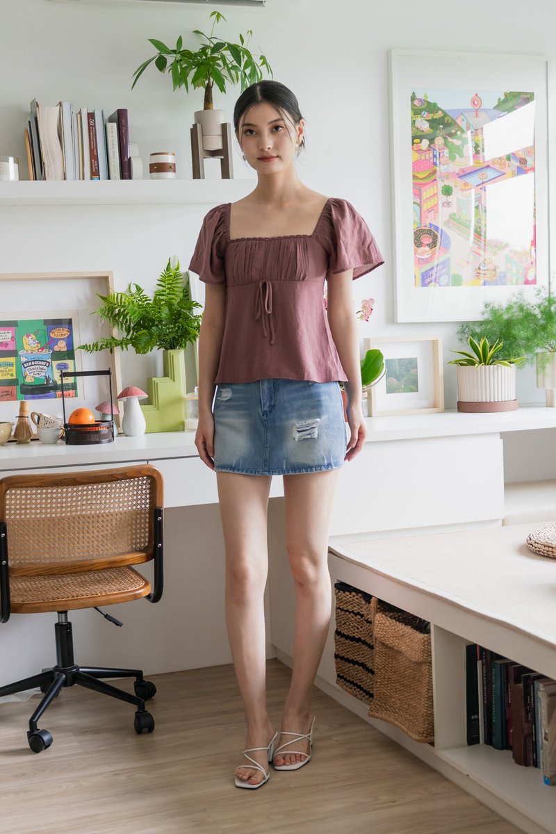 Poselle Textured Ribbon Ruched Top In Mauve