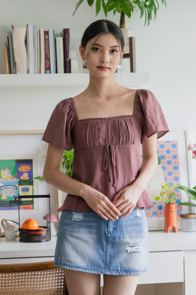 Poselle Textured Ribbon Ruched Top In Mauve