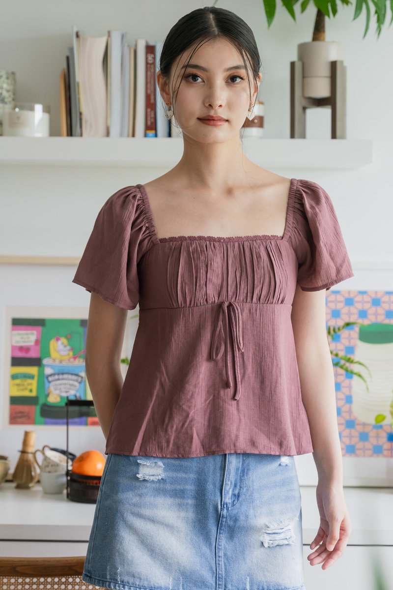Poselle Textured Ribbon Ruched Top In Mauve