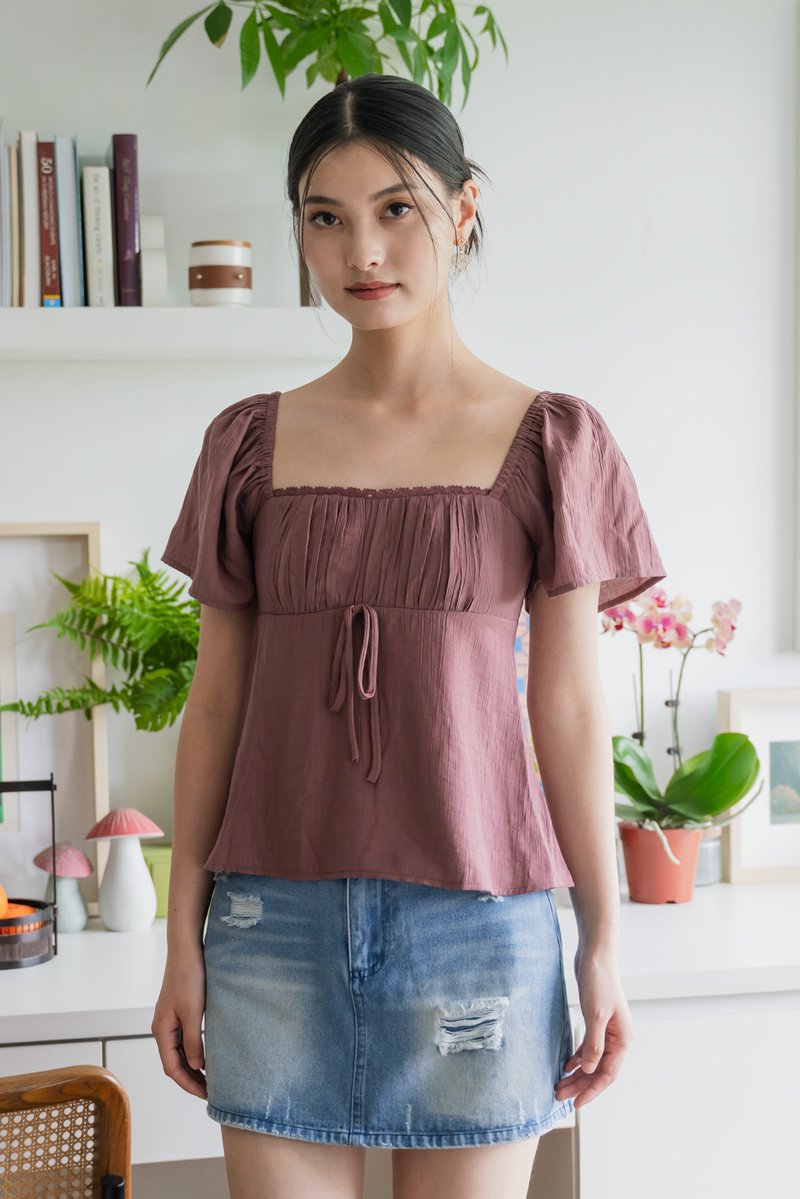 Poselle Textured Ribbon Ruched Top In Mauve