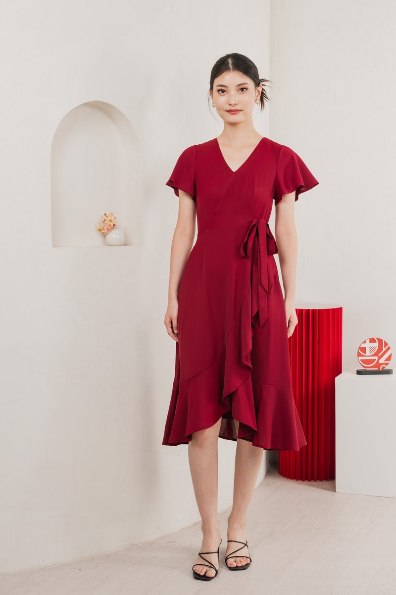 Rylan Faux Wrap Midi Dress In Wine Red