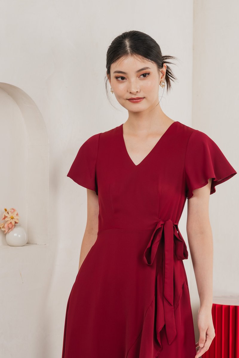 Rylan Faux Wrap Midi Dress In Wine Red