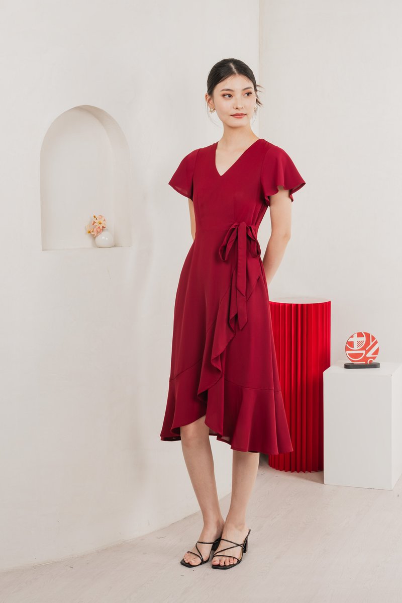 Rylan Faux Wrap Midi Dress In Wine Red