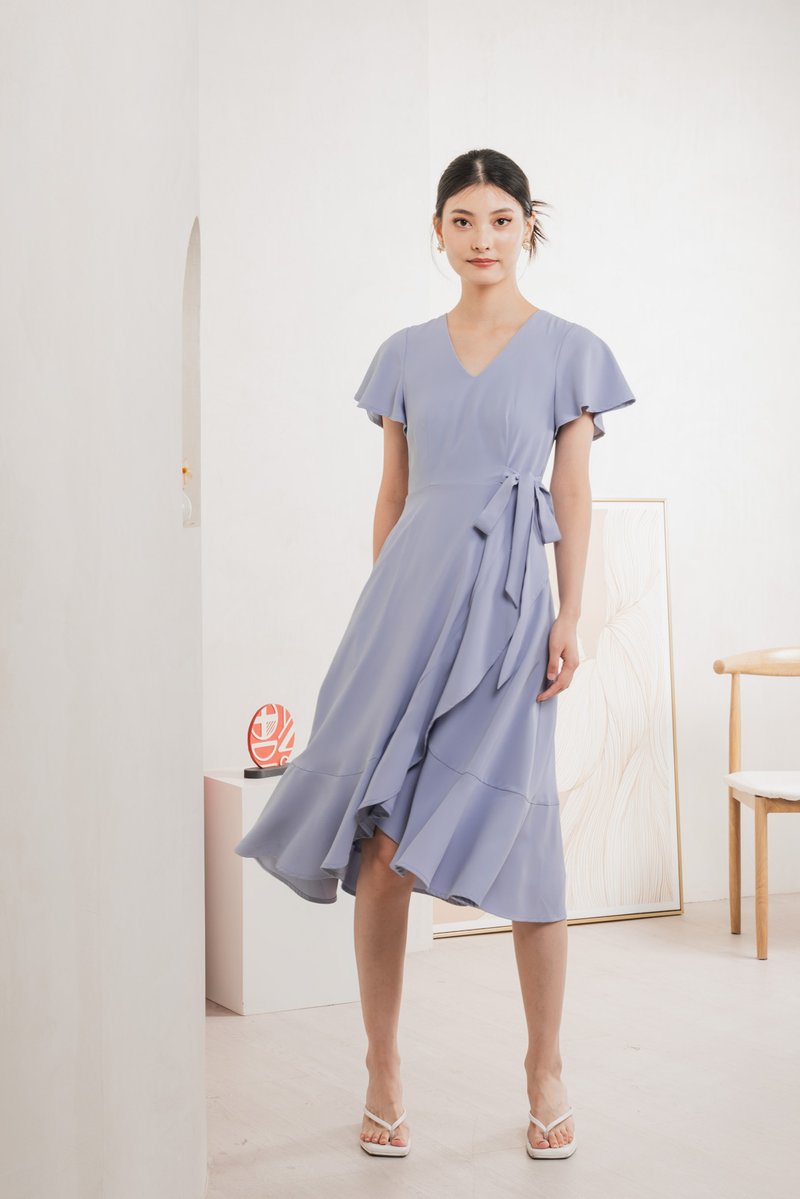 Rylan Faux Wrap Midi Dress In Blue