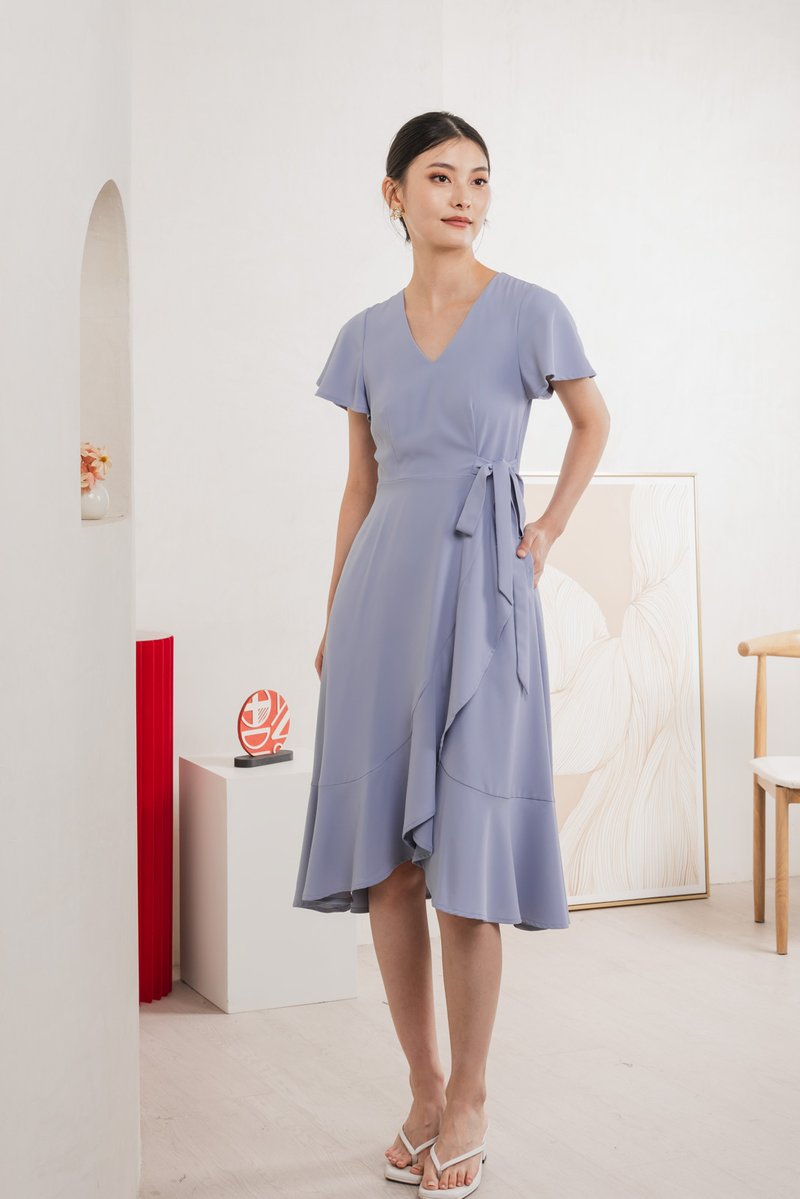 Rylan Faux Wrap Midi Dress In Blue