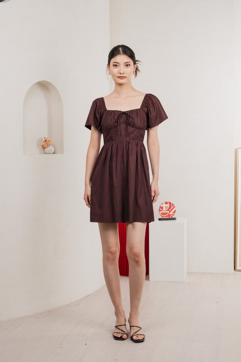 Obsidia Tencel Ruched Ribbon Dress In Burgundy