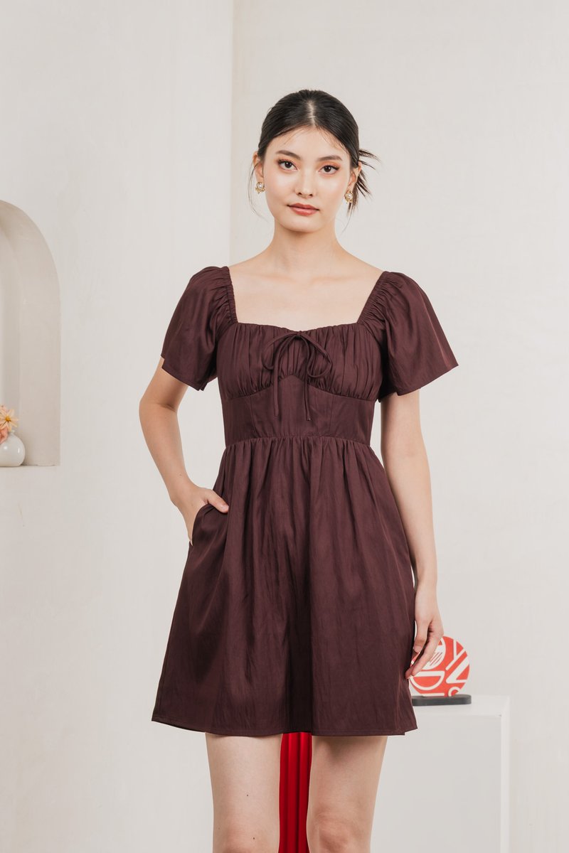 Obsidia Tencel Ruched Ribbon Dress In Burgundy