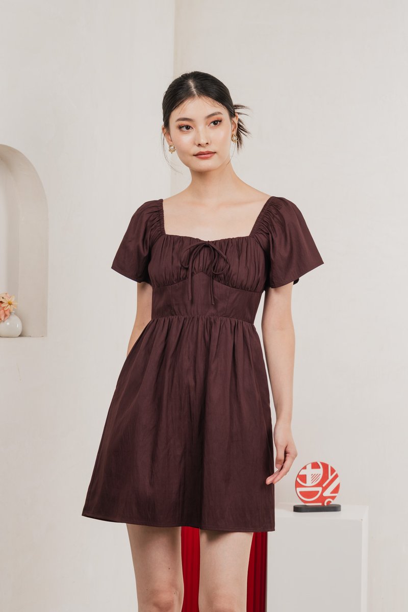 Obsidia Tencel Ruched Ribbon Dress In Burgundy