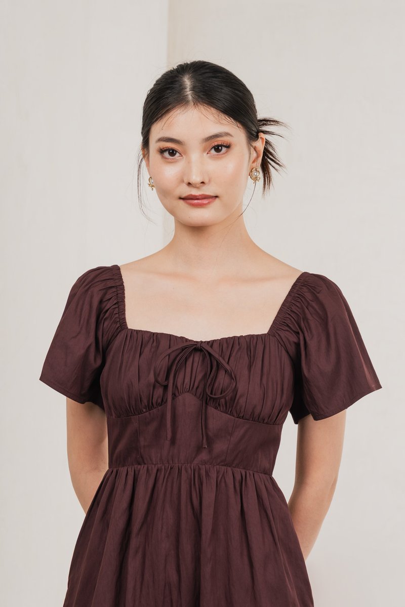 Obsidia Tencel Ruched Ribbon Dress In Burgundy