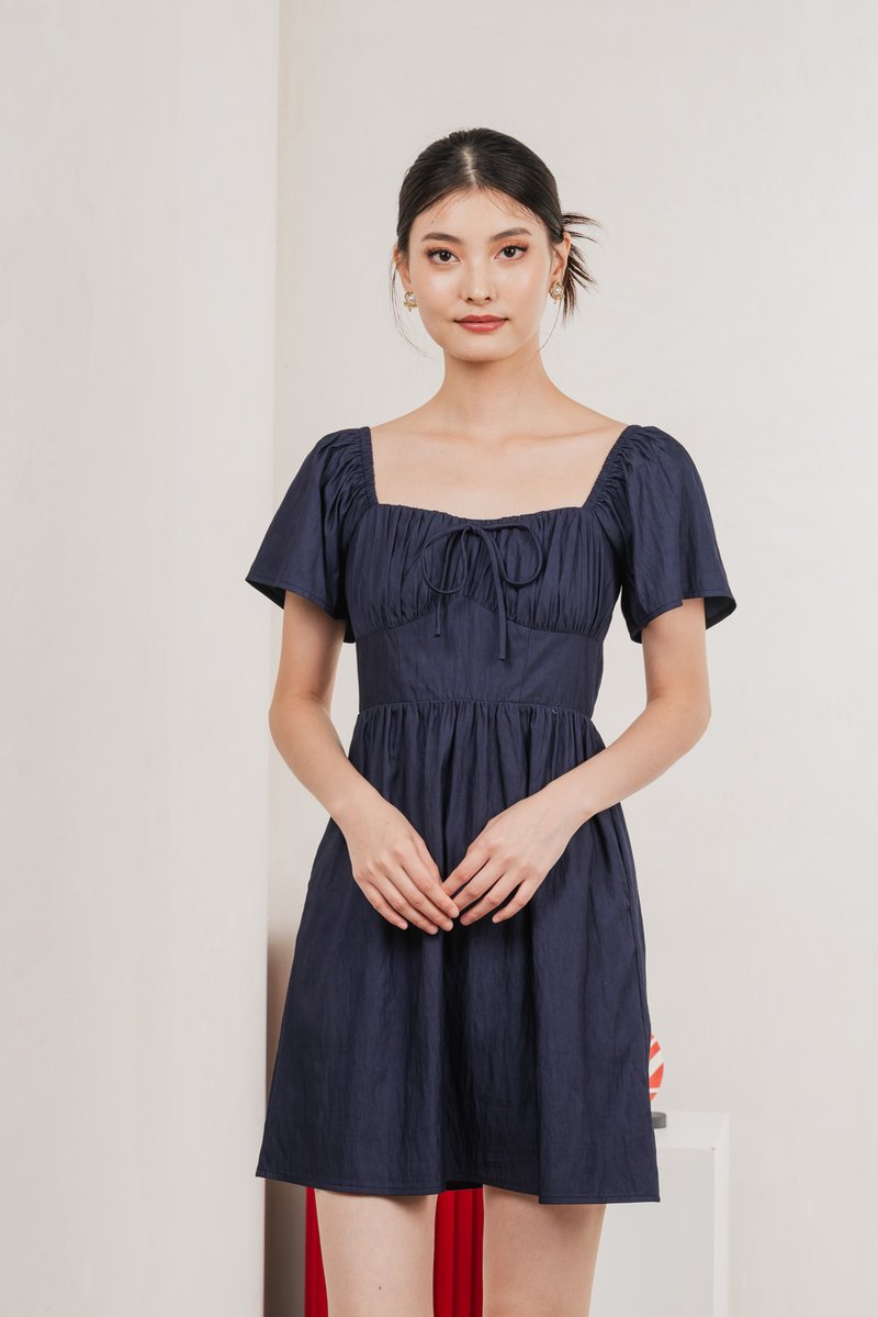 Obsidia Tencel Ruched Ribbon Dress In Navy