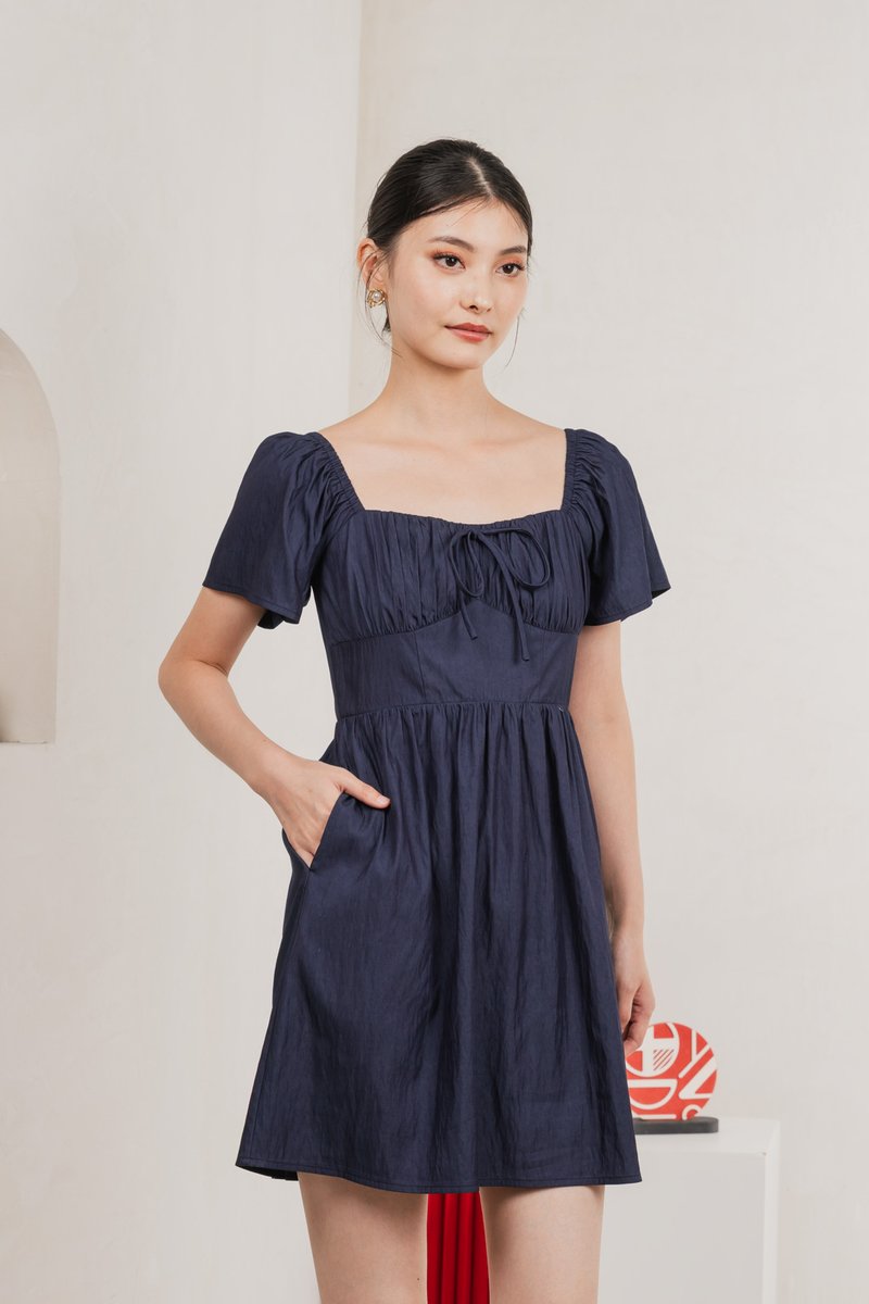 Obsidia Tencel Ruched Ribbon Dress In Navy