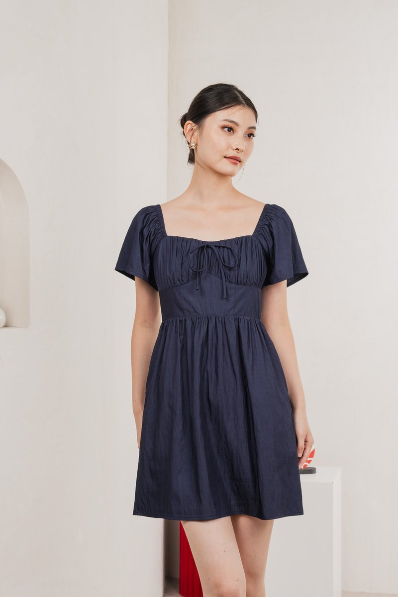 Obsidia Tencel Ruched Ribbon Dress In Navy