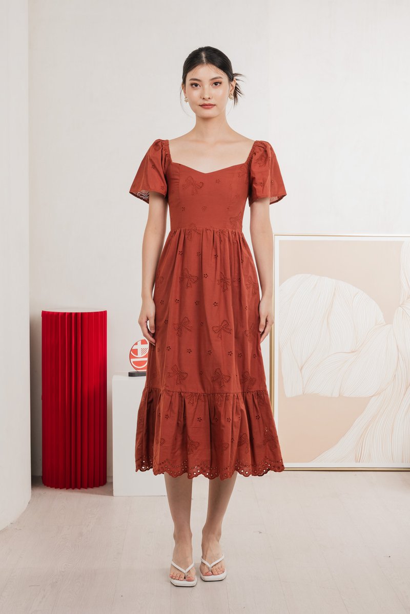 Brinia Ribbon Eyelet Sweetheart Midi Dress In Rust