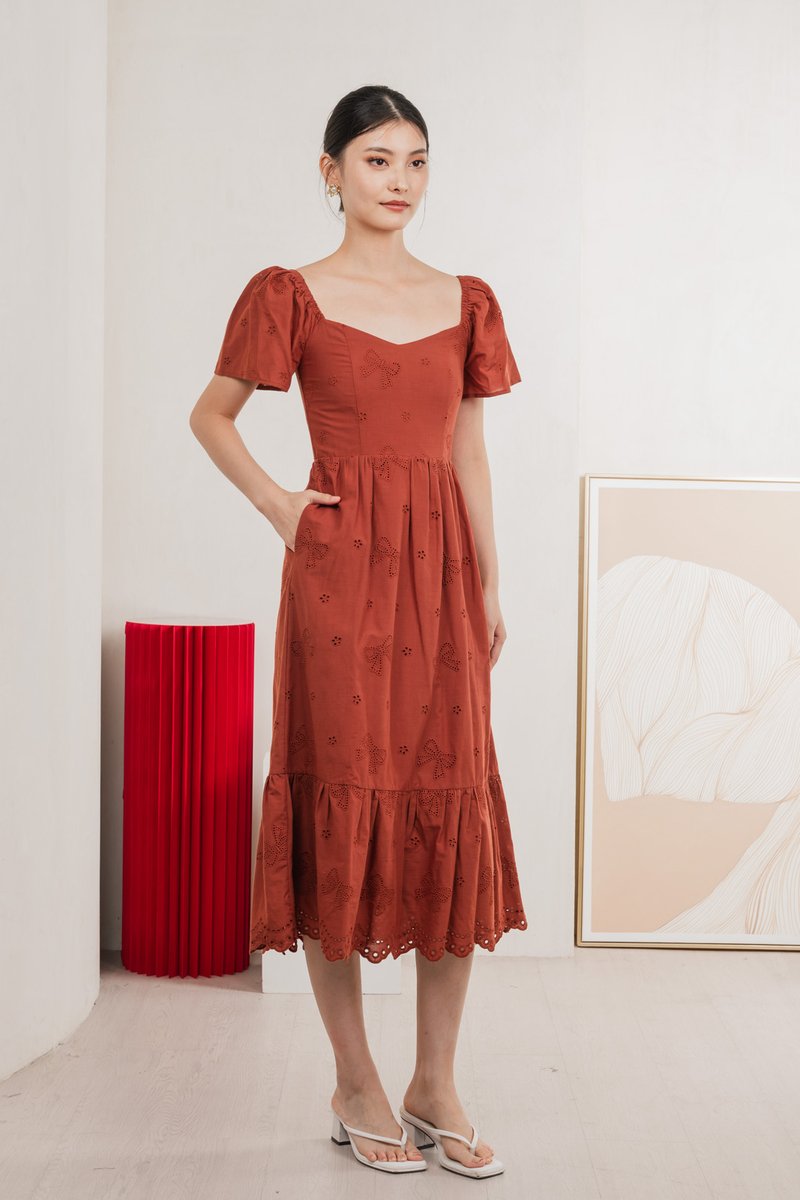 Brinia Ribbon Eyelet Sweetheart Midi Dress In Rust
