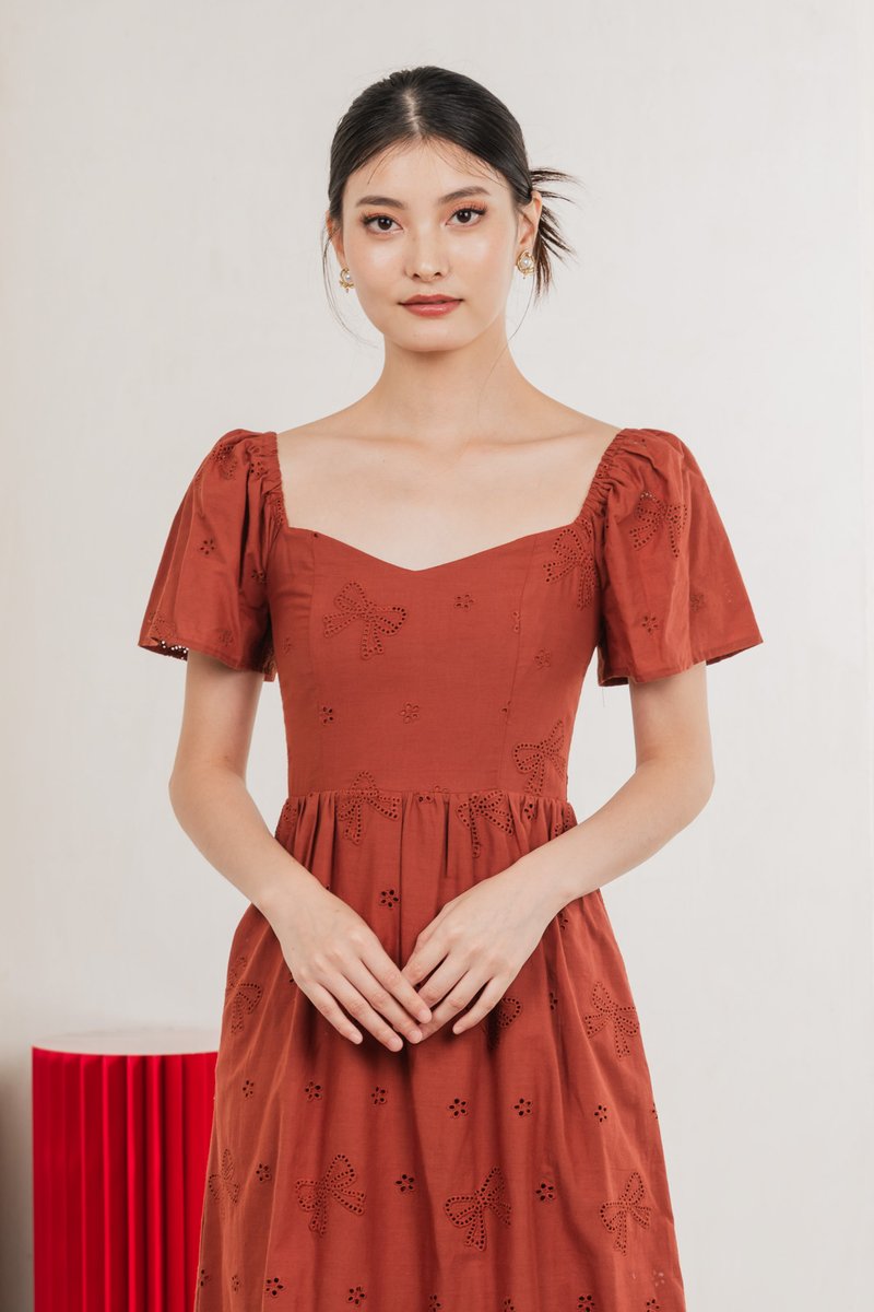 Brinia Ribbon Eyelet Sweetheart Midi Dress In Rust