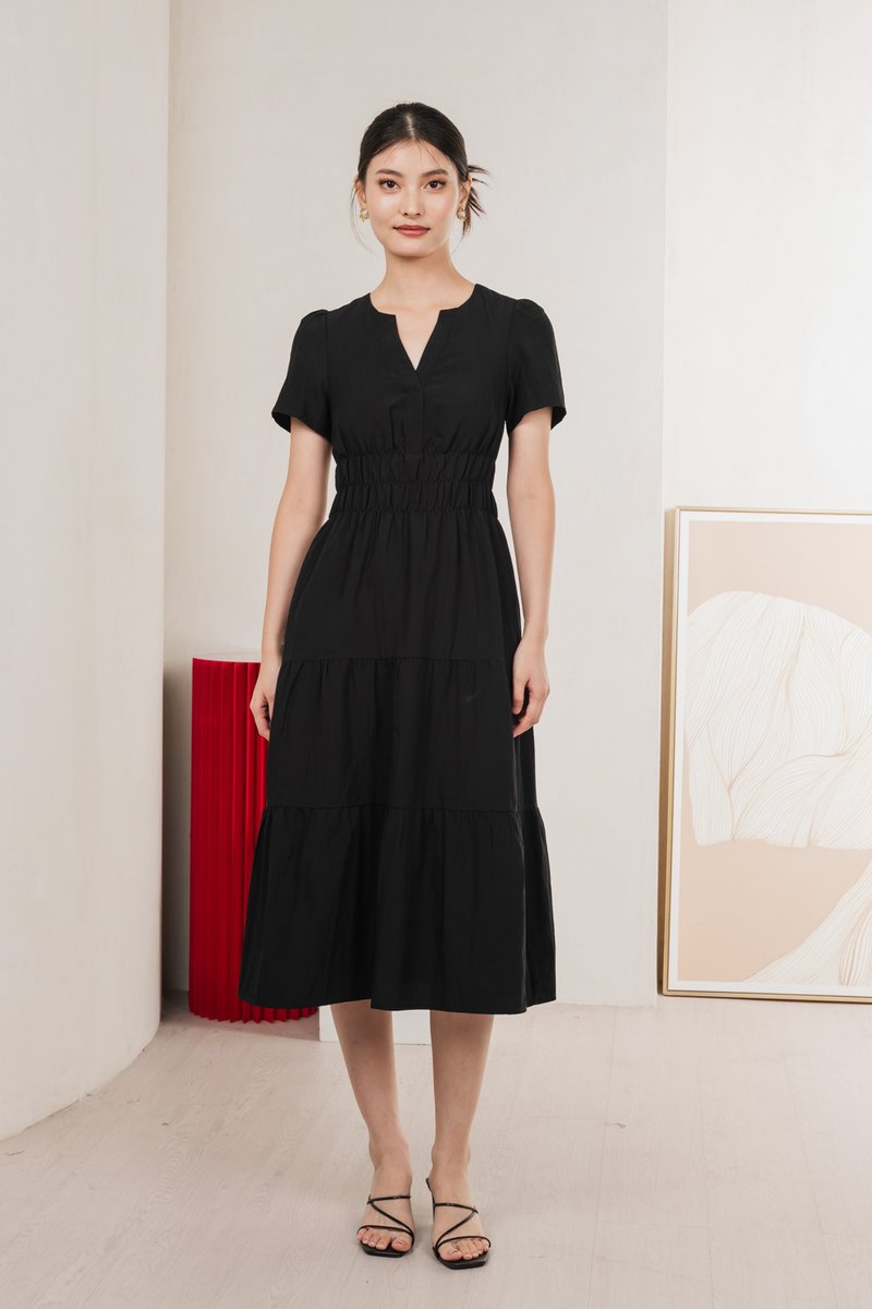 Cordelia V Neck Tiered Midi Dress In Black