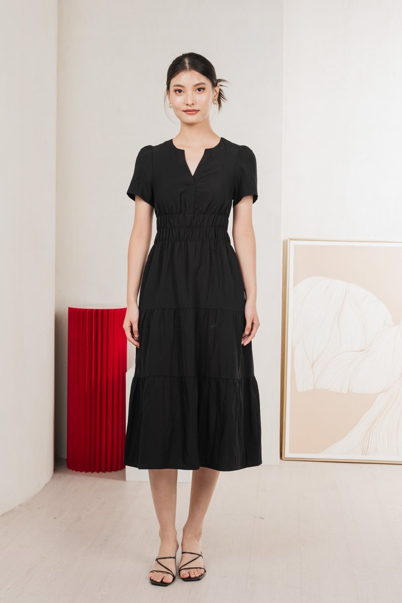 Cordelia V Neck Tiered Midi Dress In Black