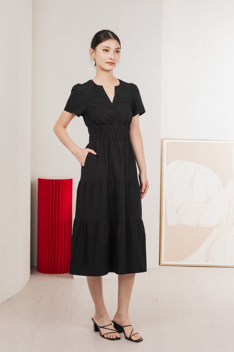 Cordelia V Neck Tiered Midi Dress In Black