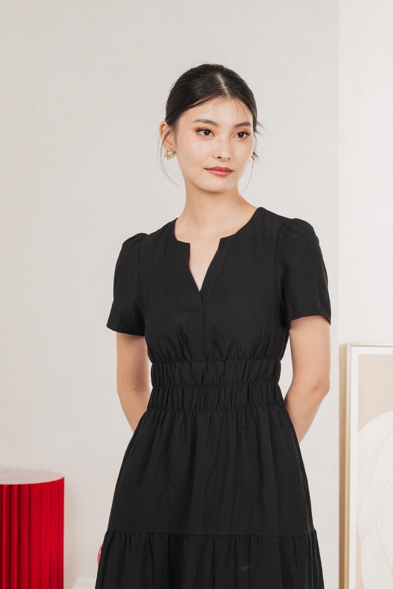 Cordelia V Neck Tiered Midi Dress In Black
