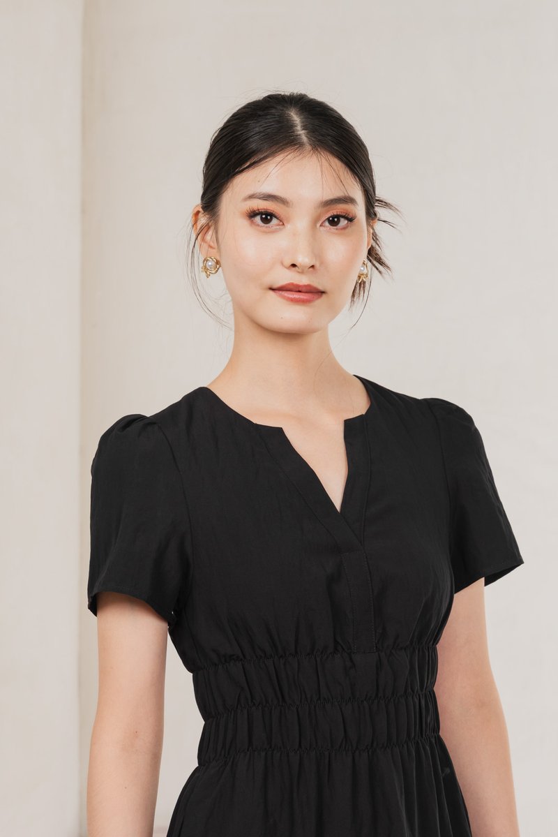 Cordelia V Neck Tiered Midi Dress In Black