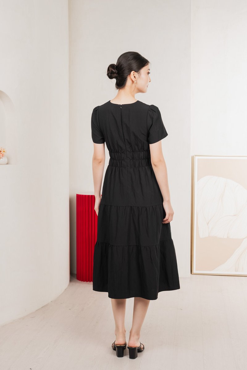 Cordelia V Neck Tiered Midi Dress In Black