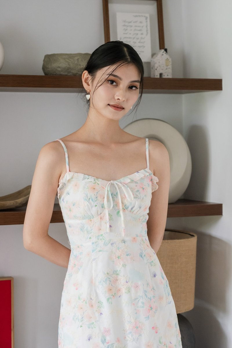 Sakura Floral Embroidery Camisole Dress In White