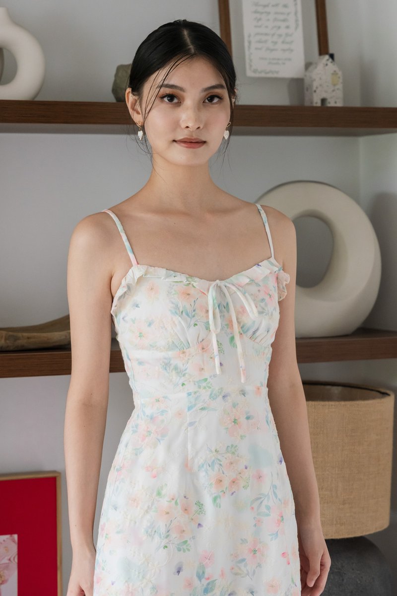 Sakura Floral Embroidery Camisole Dress In White