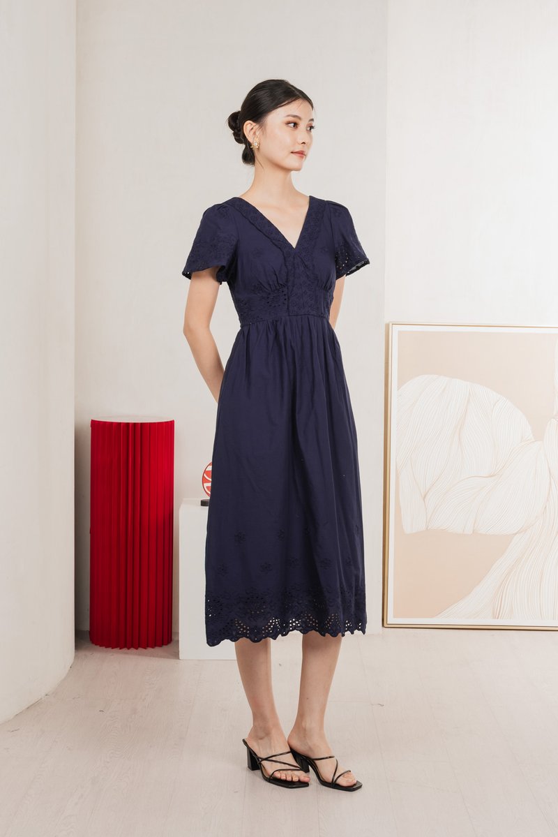 Drisella Eyelet Midi Dress In Navy