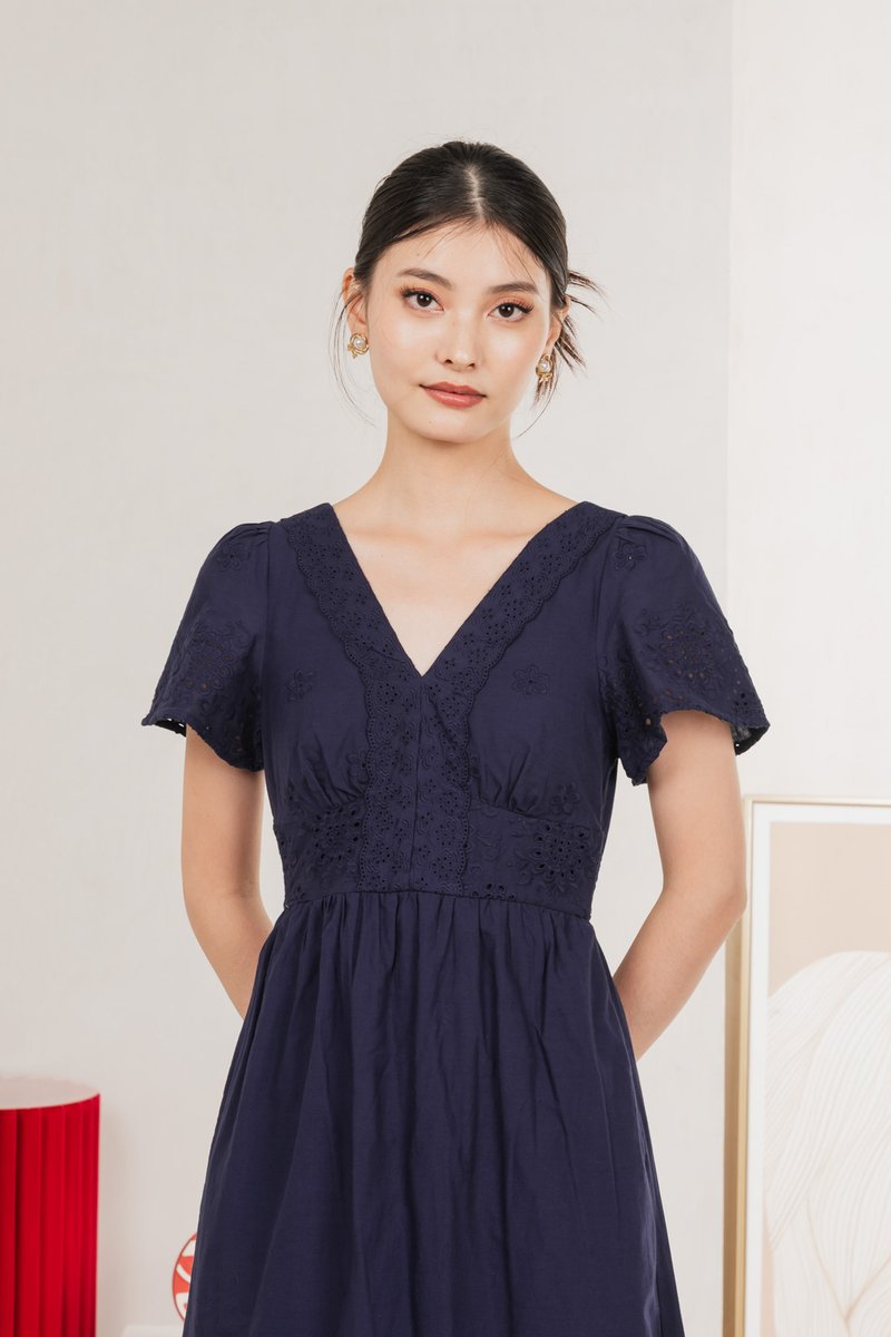 Drisella Eyelet Midi Dress In Navy