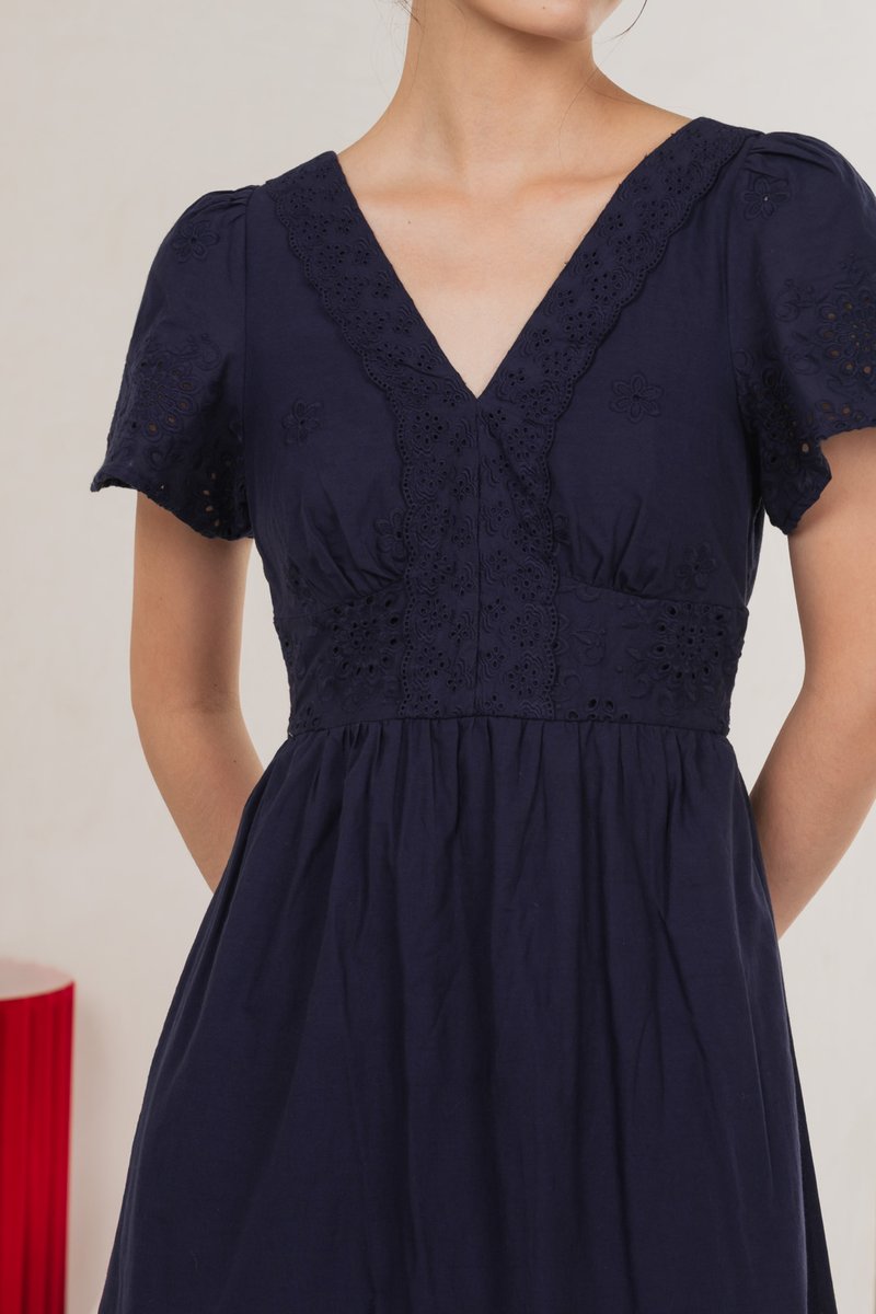Drisella Eyelet Midi Dress In Navy