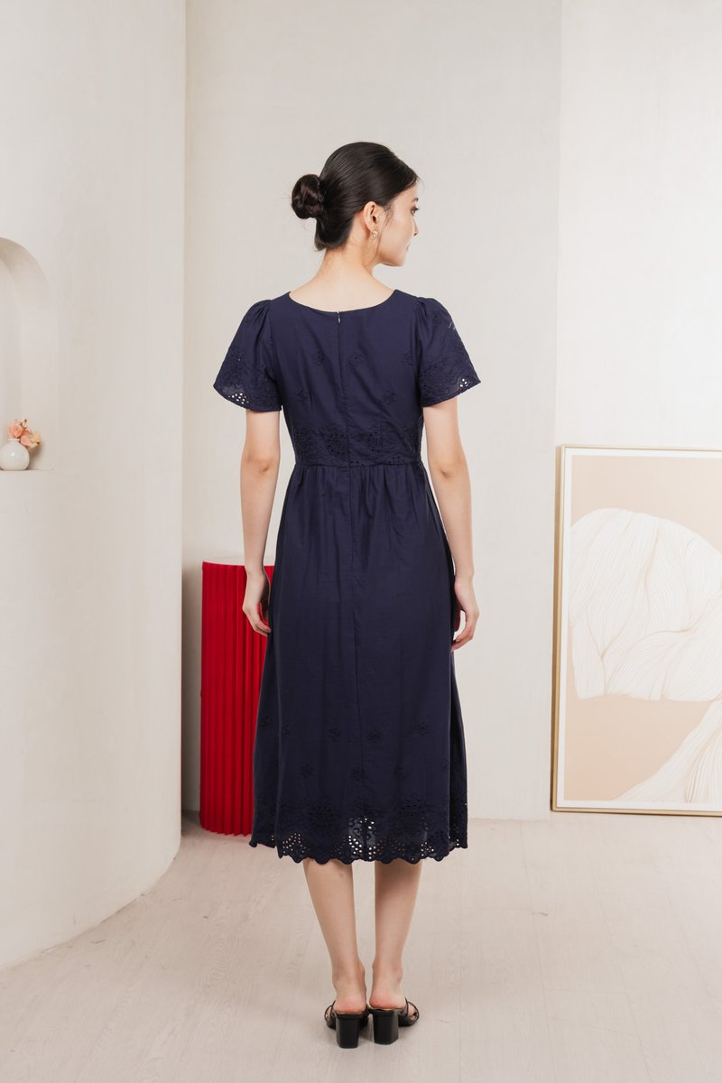 Drisella Eyelet Midi Dress In Navy