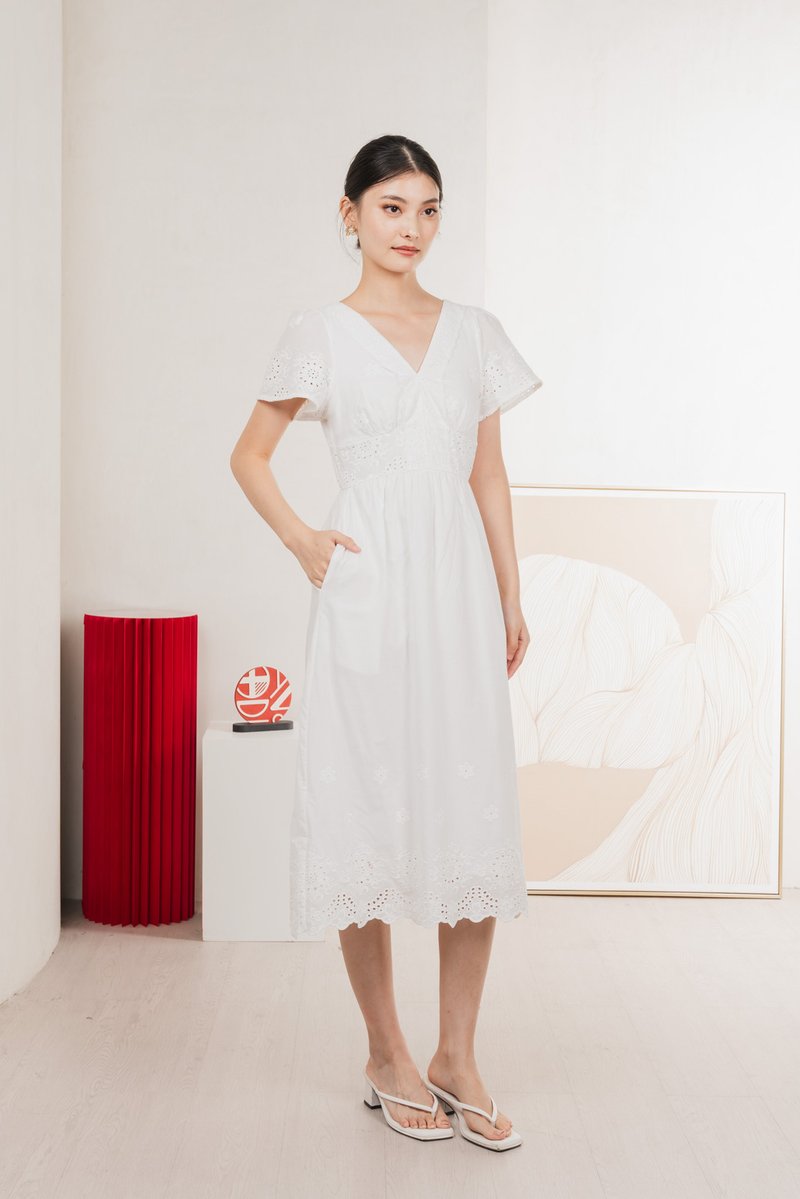 Drisella Eyelet Midi Dress In White