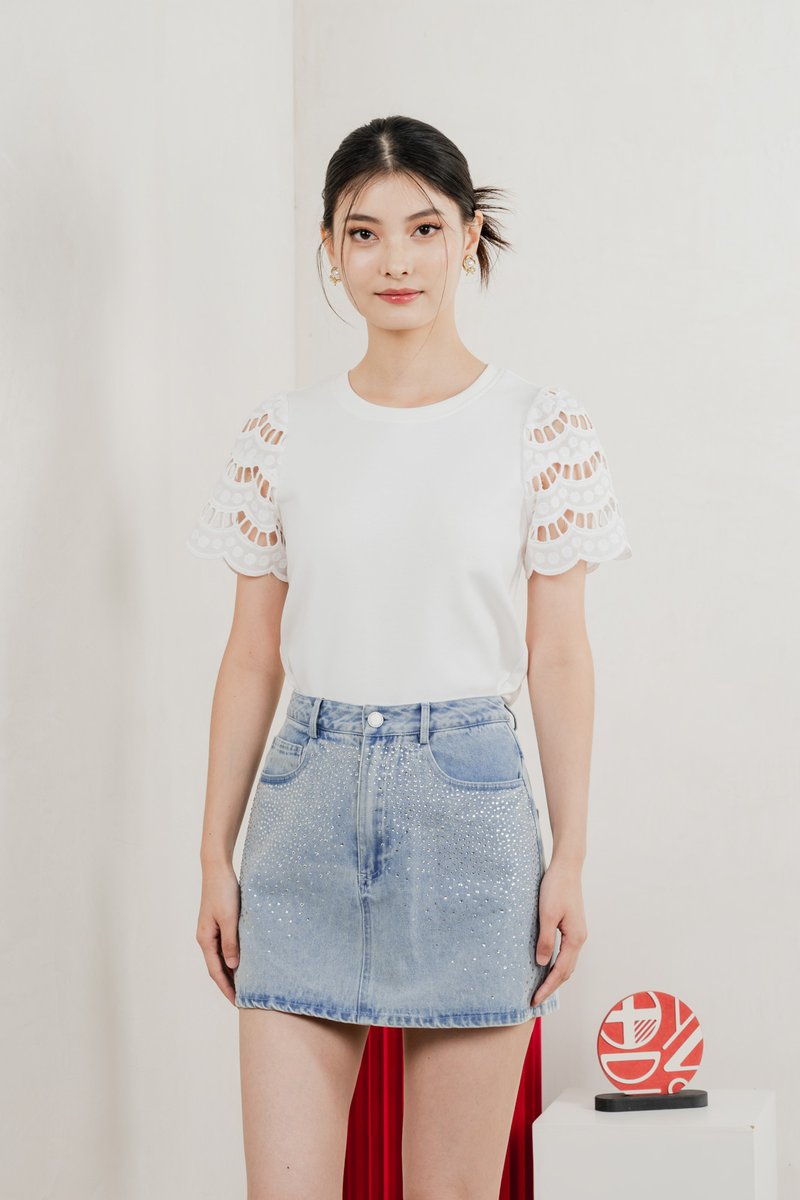 Aldith Cotton Eyelet Sleeve Top In White