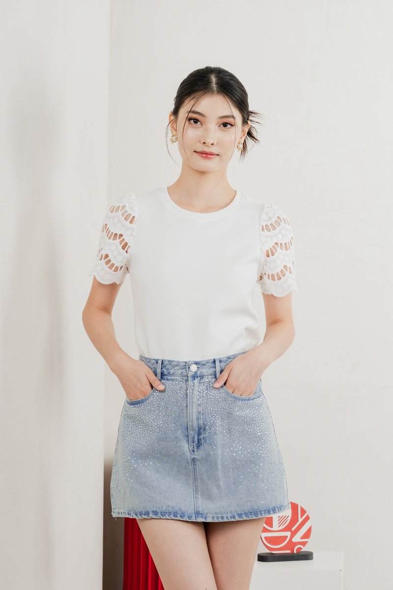 Aldith Cotton Eyelet Sleeve Top In White