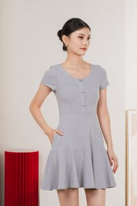Caspia Ribbon Button Cotton Dress In Grey