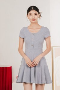 Caspia Ribbon Button Cotton Dress In Grey
