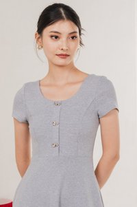 Caspia Ribbon Button Cotton Dress In Grey