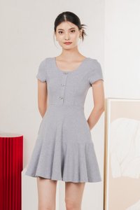 Caspia Ribbon Button Cotton Dress In Grey