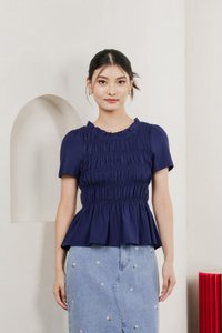 Alya Cotton Smocked Top In Navy