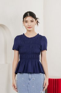 Alya Cotton Smocked Top In Navy