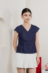 Bluebell Cap Sleeves Button Top In Dark Wash