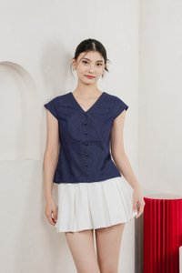 Bluebell Cap Sleeves Button Top In Dark Wash
