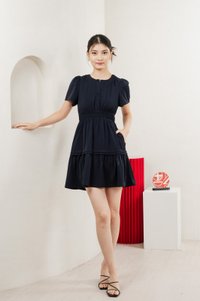 Mia Smocked Waist Pleated Dress In Navy