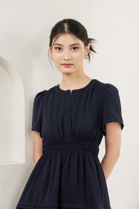 Mia Smocked Waist Pleated Dress In Navy
