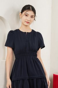 Mia Smocked Waist Pleated Dress In Navy