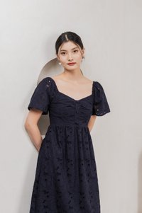 Nico Eyelet Sweetheart Button Midi Dress In Navy