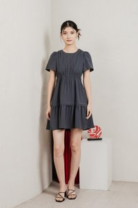 Mia Smocked Waist Pleated Dress In Gunmetal