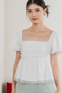 Mabel Ruched Lace Top In White