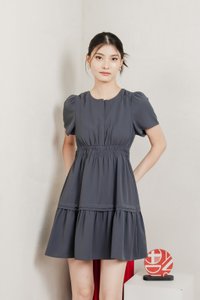 Mia Smocked Waist Pleated Dress In Gunmetal