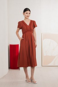 Remi Crochet Flare Sleeve Midi Dress In Rust